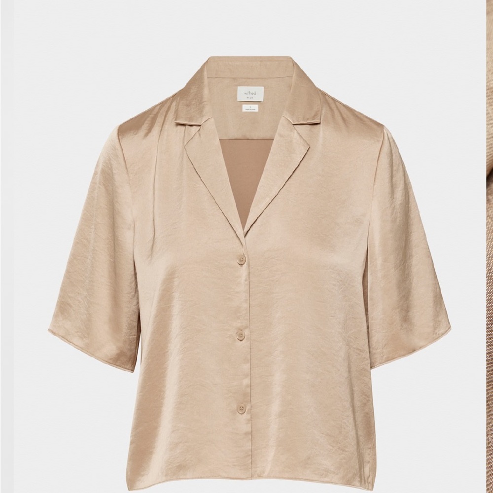 NWT Aritzia (Wilfred) Satin Button-Down Shirt in marmont (tan)